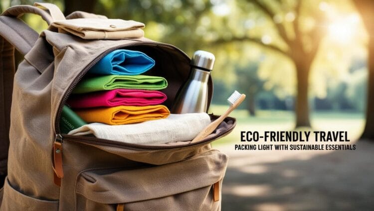 Sustainable travel with a traveler hiking eco-friendly in nature.